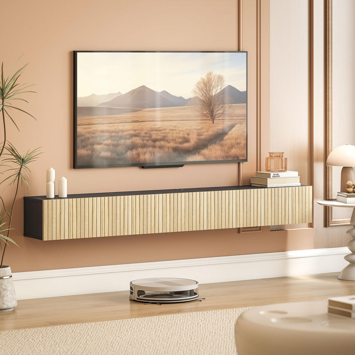 TV-BOARD Naturfarben/Schwarz 140/25/22 cm, Wandmontage, 2 Klappen, Grifflos - Naturfarben, Holzwerkstoff (140/22/25cm) - PANGIVO