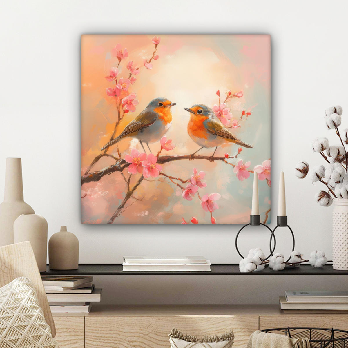 LEINWANDBILD Rotkehlchen - Zierpflanze - Blütenzweig Wandbild Wohnzimmer 50x50 cm - Hellrosa, Textil (50/50cm) - MuchoWow