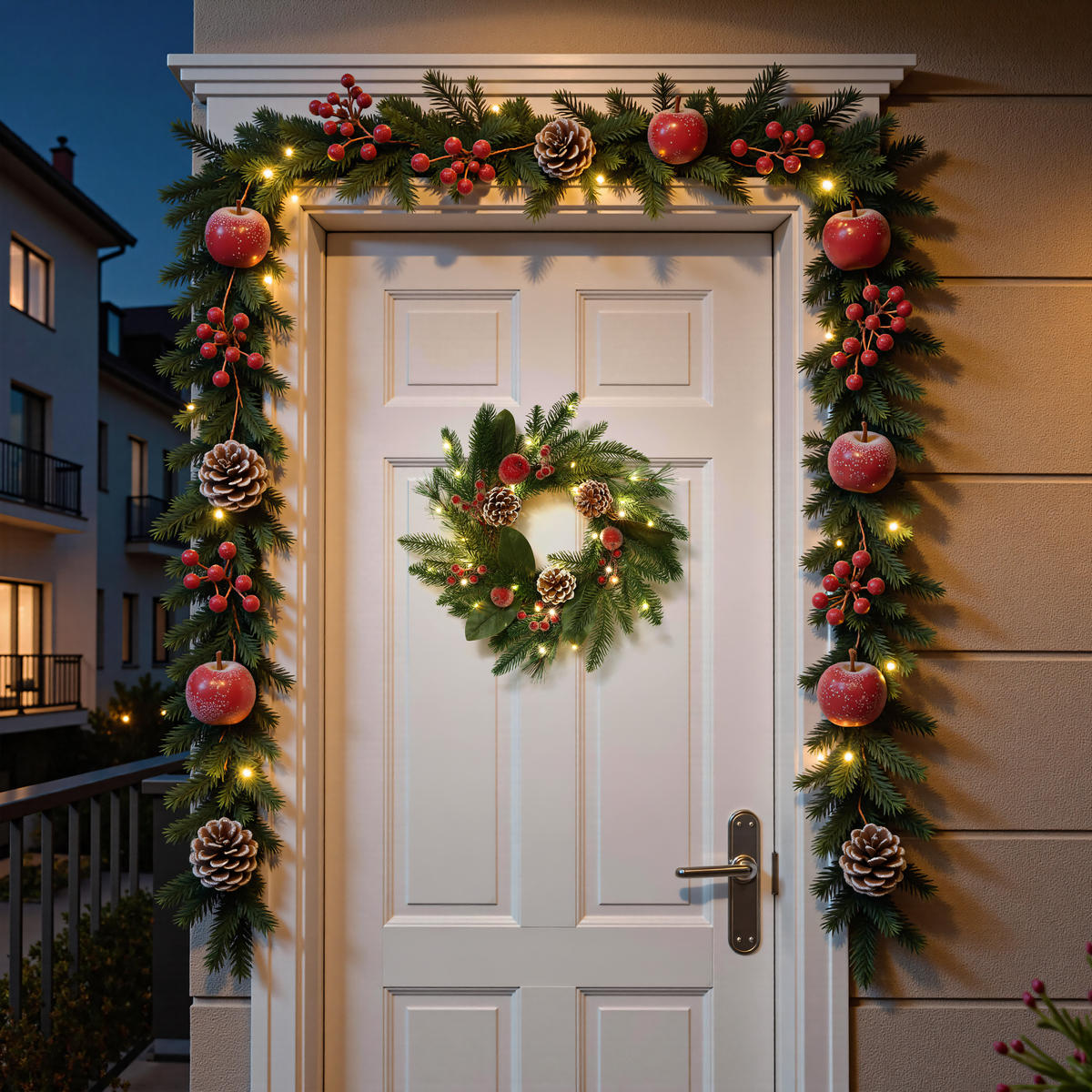RUSTIKALER Weihnachtskranz Ø40cm mit Äpfeln, LEDs,Timerfunktion - Dunkelgrün, Naturmaterialien (40cm) - Hometopia