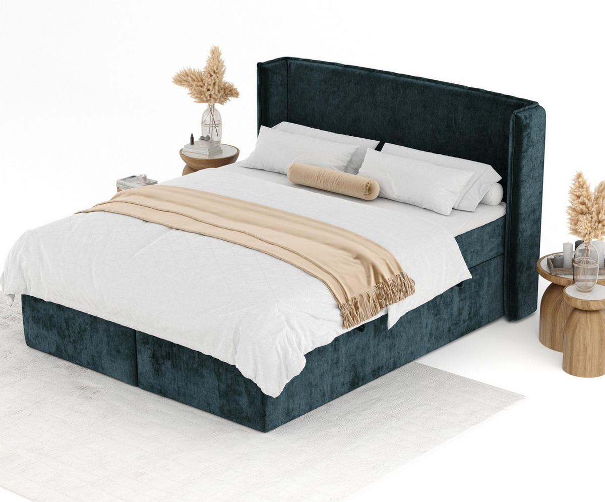 BOXBETT Skyline Türkisfarben 160/200 cm mit Matratze und Topper - Türkis/Schwarz, Holz/Holzwerkstoff (160/200cm) - Maison de Reve