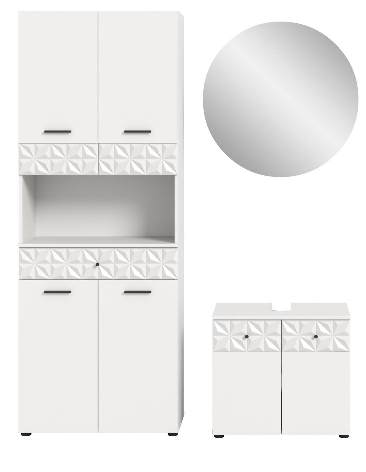 BADMÖBEL-SET weiß Hochglanz 3-teilig 155 cm, Komplettset mit 3D-Struktur - Weiß Hochglanz, Glas/Holzwerkstoff (155/187/37cm) - Inn.Furn
