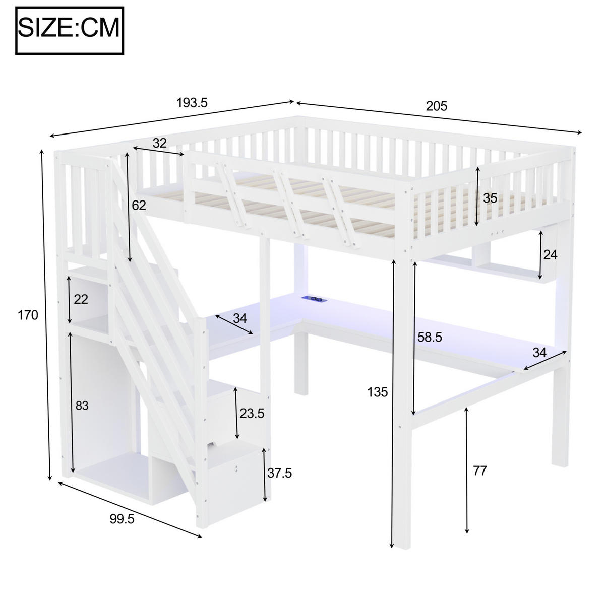HOCHBETT Holz 140x200 cm Weiß mit Schreibtisch, Aufbewahrungstreppe, LED und Regalen - Weiß, Holz (140/200cm) - Modfu