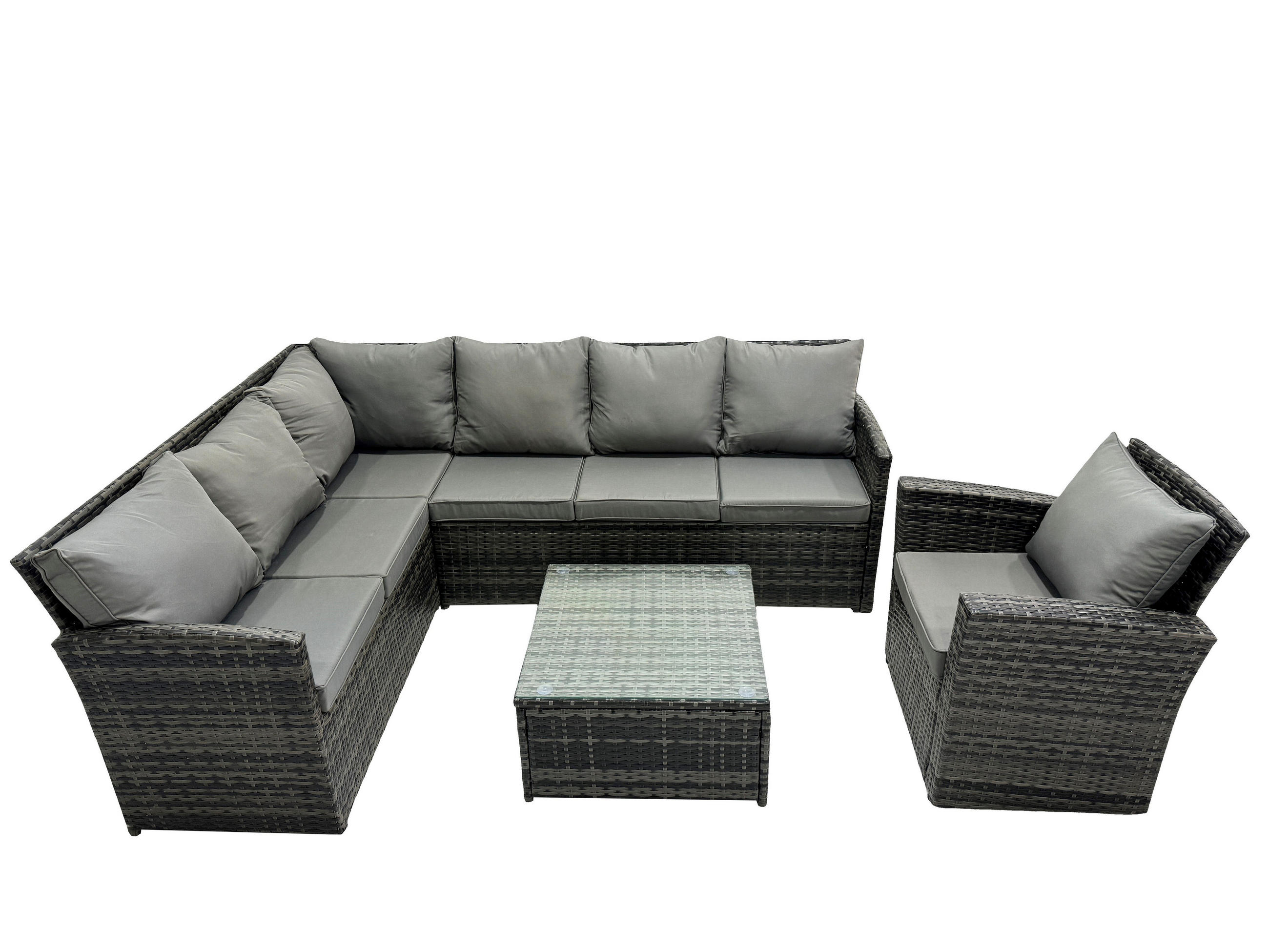 GARTENGARNITUR mit Ecksof,Couchtisch,Stuhl Polyrattan Dunkelgrau 7-Sitzer - Dunkelgrau/Grau, Glas/Kunststoff - Fimous
