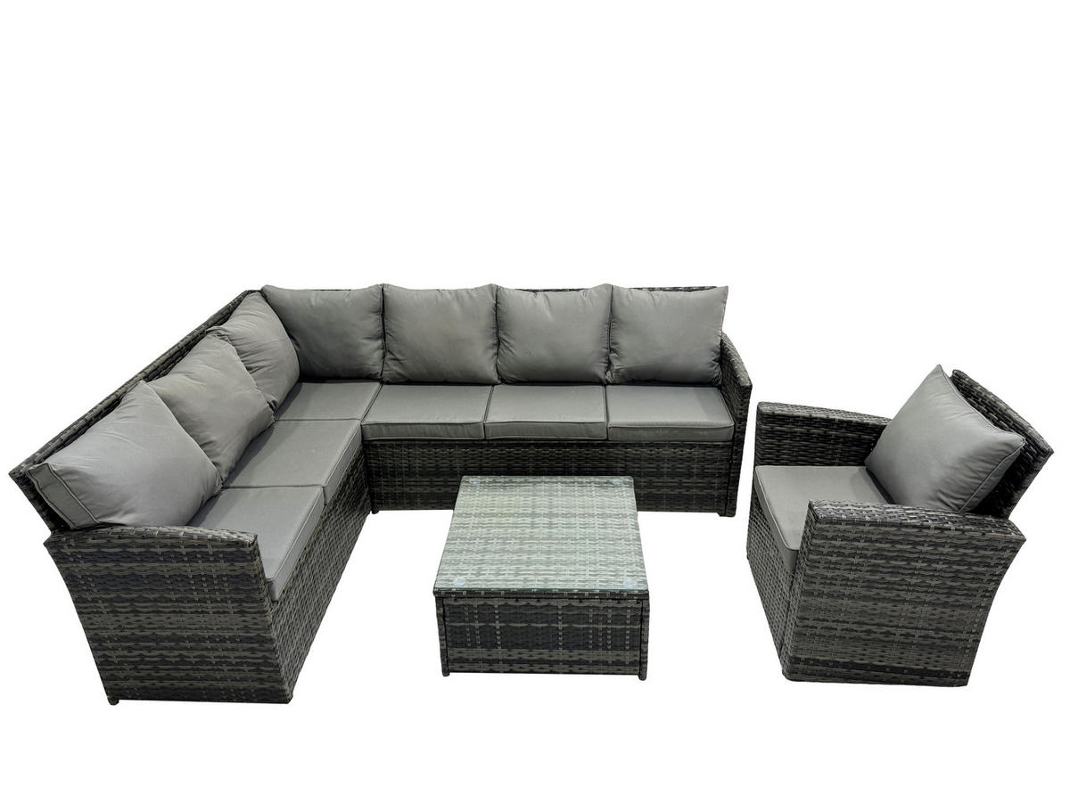 GARTENGARNITUR mit Ecksof,Couchtisch,Stuhl Polyrattan Dunkelgrau 7-Sitzer - Dunkelgrau/Grau, Glas/Kunststoff - Fimous