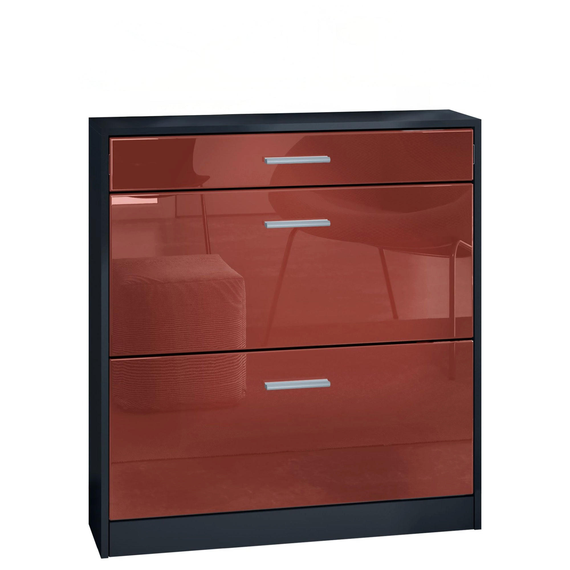 SCHUHSCHRANK Roma Schmal mit 2 Klappen und 1 Schublade, Platzsparender Schuhkipper, Schwarz/Bordeaux Hochglanz (89 x 95,5 x 23 cm) - Bordeaux, Holzwerkstoff (89/95.5/23cm) - InnoFurn