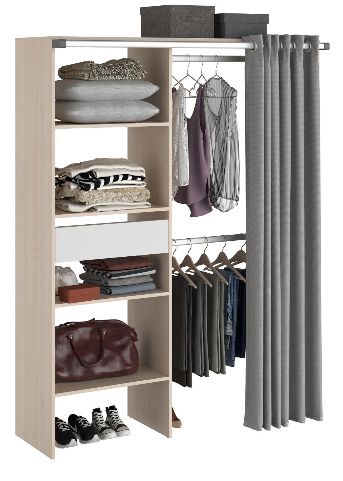 KLEIDERSCHRANK Akazie, grau, Mehrzweckschrank 143 cm mit Vorhang - Akaziefarben/Grau, Holzwerkstoff/Metall (143/182/48cm) - Parisot Meuble