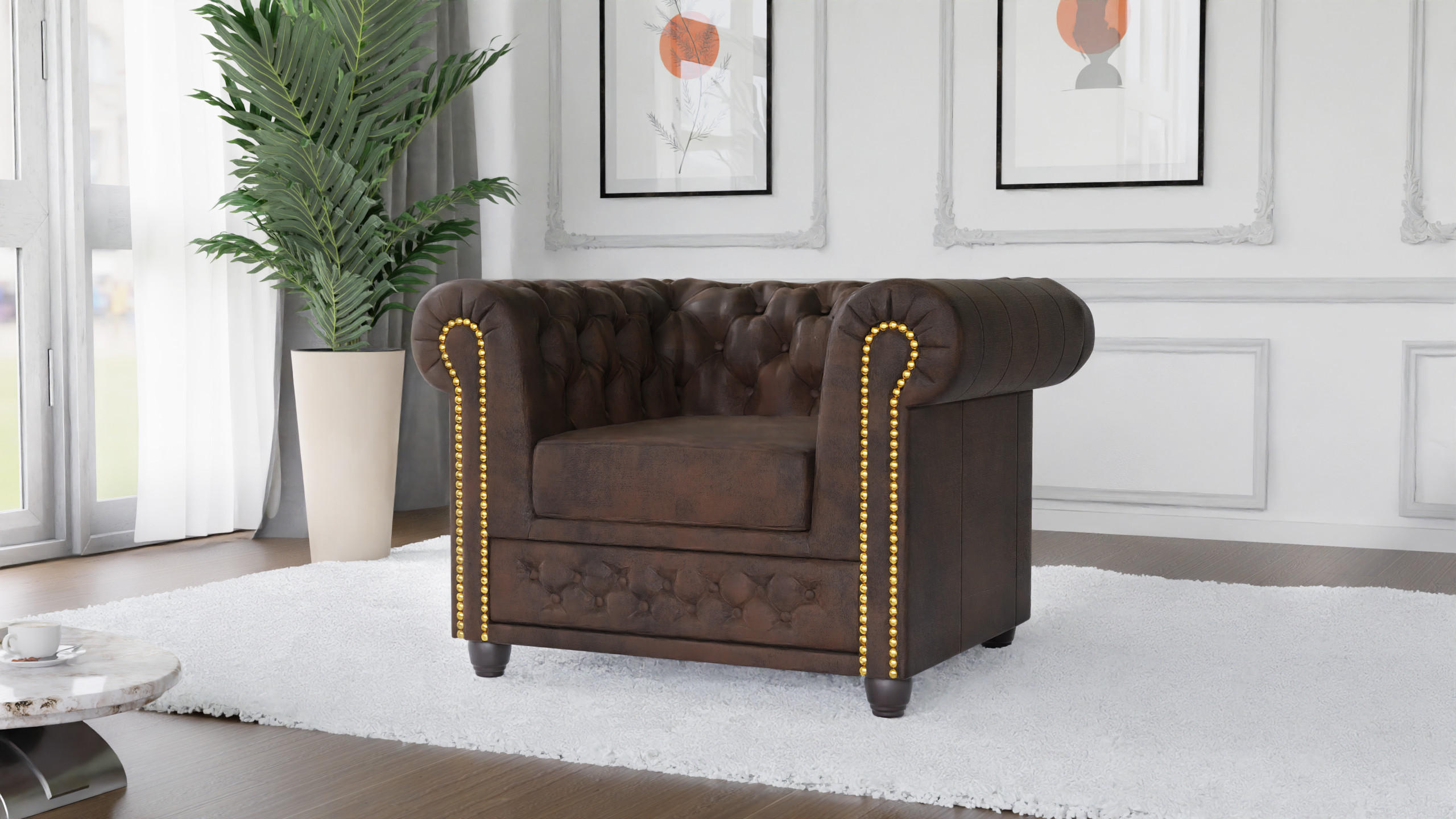 CHESTERFIELD-SESSEL Flux Dunkelbraun Microfaser Vintageoptik - Dunkelbraun/Braun, Holz/Textil (94/72/86cm) - S-Style Möbel