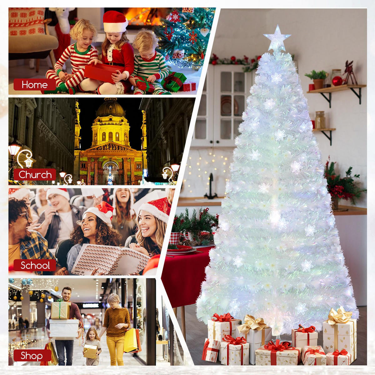 WEIHNACHTSBAUM Tannenform mit bunten LEDs 210 cm weiß - Weiß, Metall (210cm) - COSTWAY
