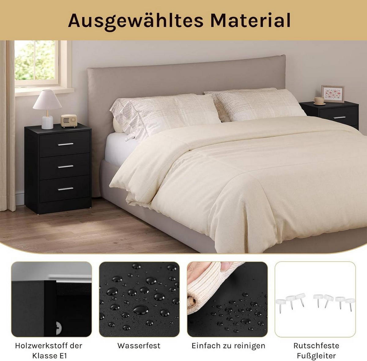 NACHTTISCH 2er Set, 39x54x28 cm, Schwarz - Schwarz, Holzwerkstoff (39/54/28cm) - Woltu