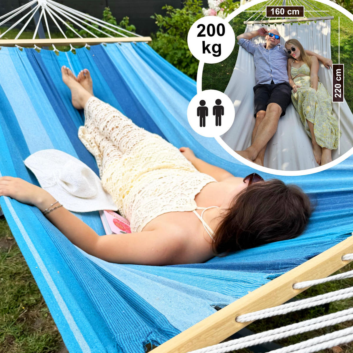 HÄNGEMATTE mit Gestell, 2 Personen, Stabhängematte, XXL, 200 kg, Metall, Beige, einfache Montage - Ecru, Metall (370/130/120cm) - Potenza