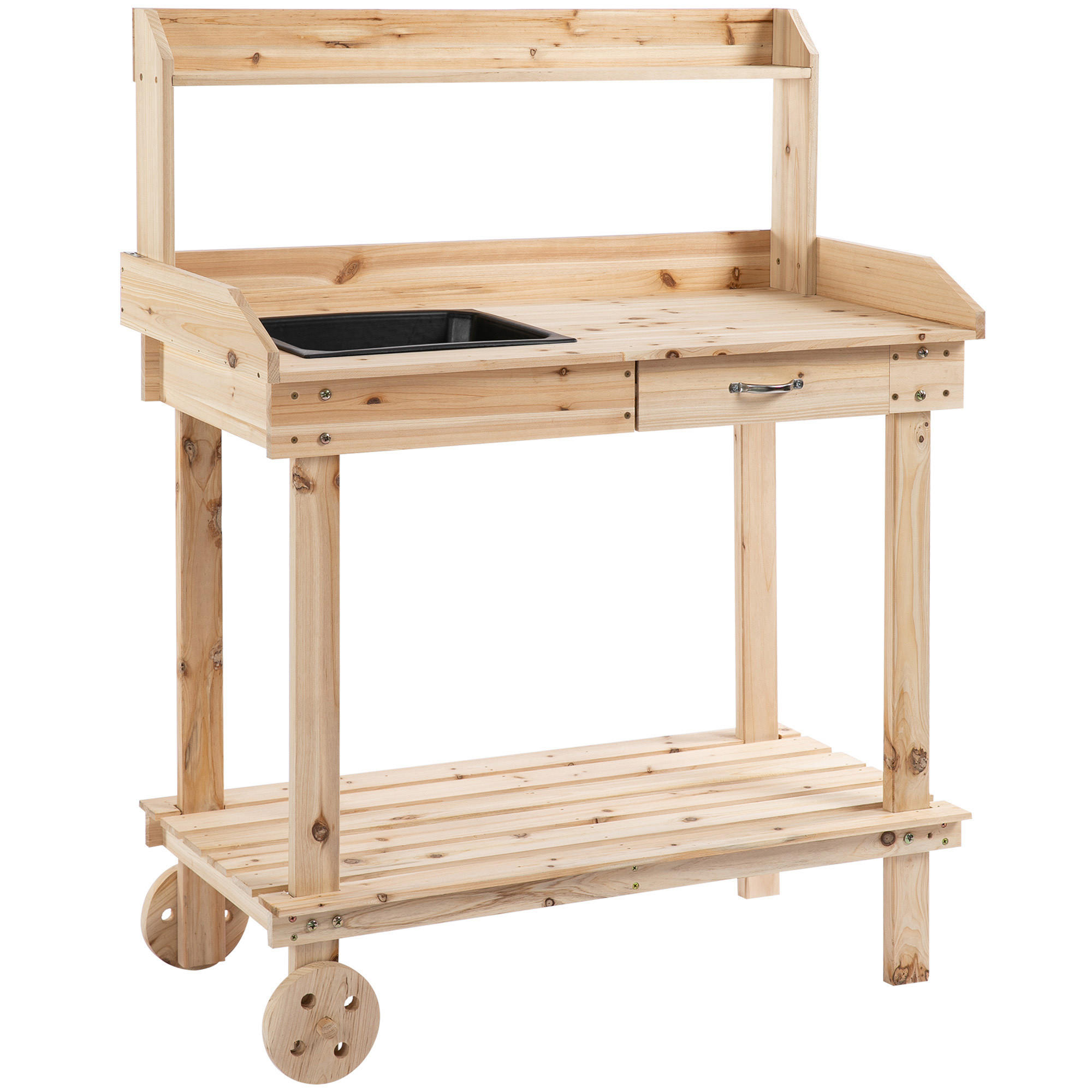 PFLANZTISCH mit Schublade, Gärtnertisch mit Waschbecken und Rollen, Tannenholz, Natur - Fichtefarben, Holz (92/45/119cm) - Outsunny