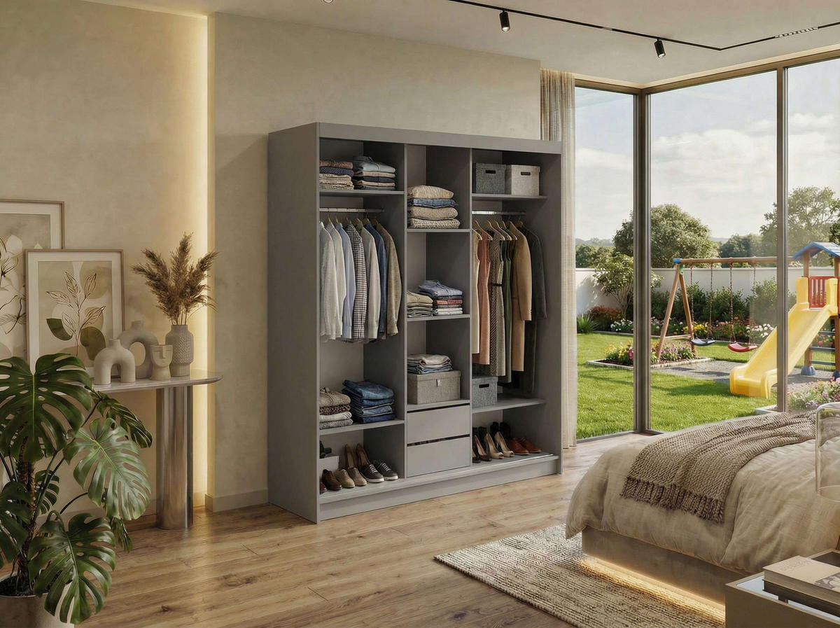 SCHWEBETÜRENSCHRANK mit Schubladen 180 - DUBROWNIK - Grau mit Spiegel - Alufarben/Grau, Holzwerkstoff/Metall (180/216/61cm) - MKS