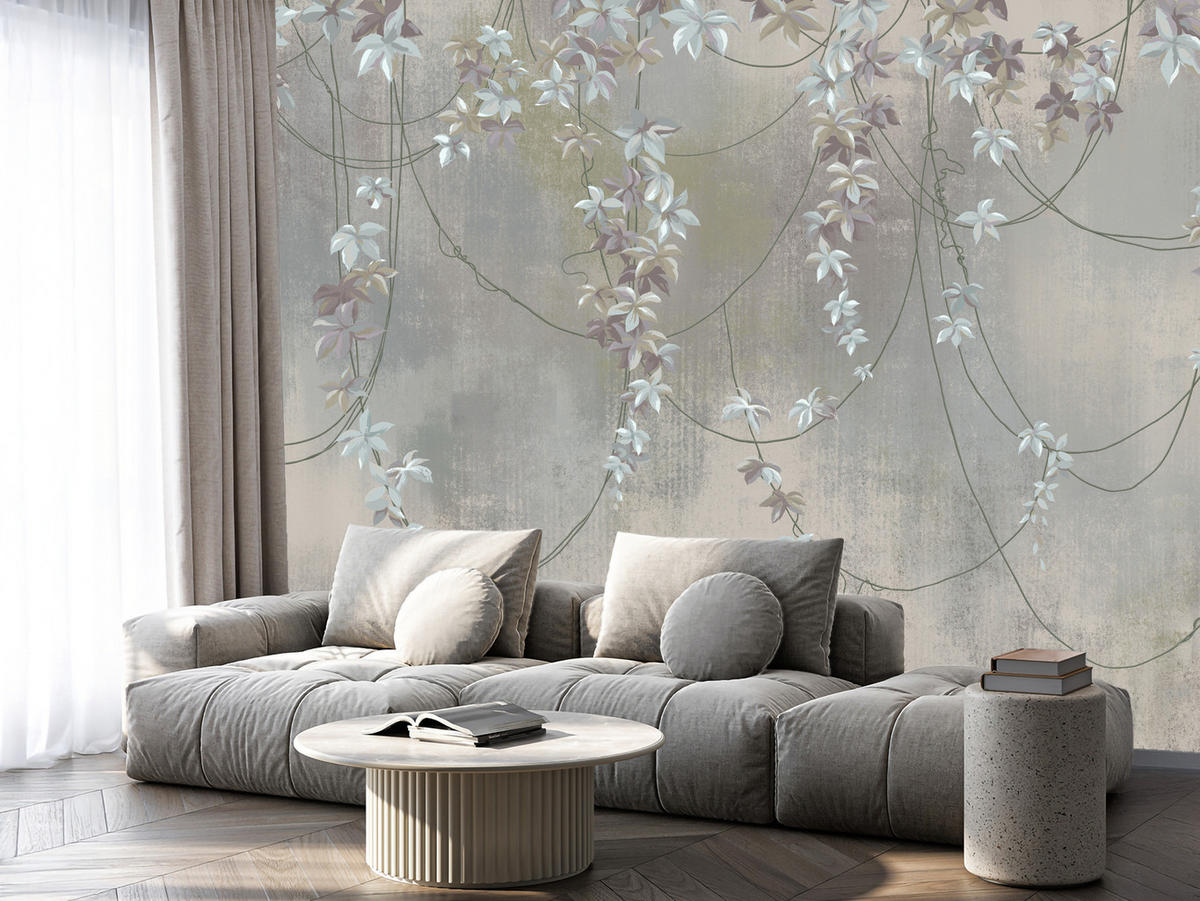 FOTOTAPETE für Wohnzimmer Abstrakte Blüten Lianen Beton Wand 450x315 - Grau, Papier (450/315cm) - Muralo