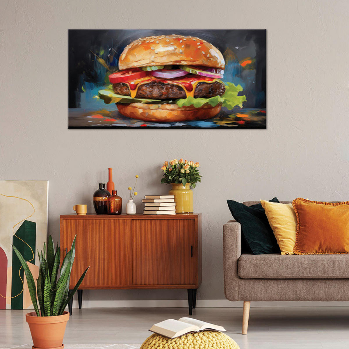 LEINWANDBILD Burger Hamburger Sandwich Essen 120x60cm - Multicolor, Textil (120/60cm) - Feeby