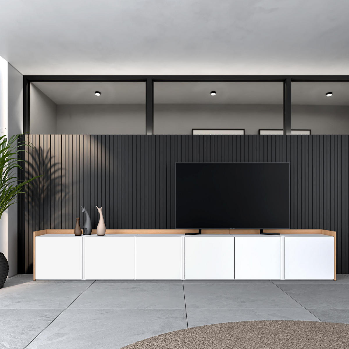 LOWBOARD, Weiß und Eiche, 309/35/50cm - Weiß, Holzwerkstoff (309/50/35cm) - Skraut Home