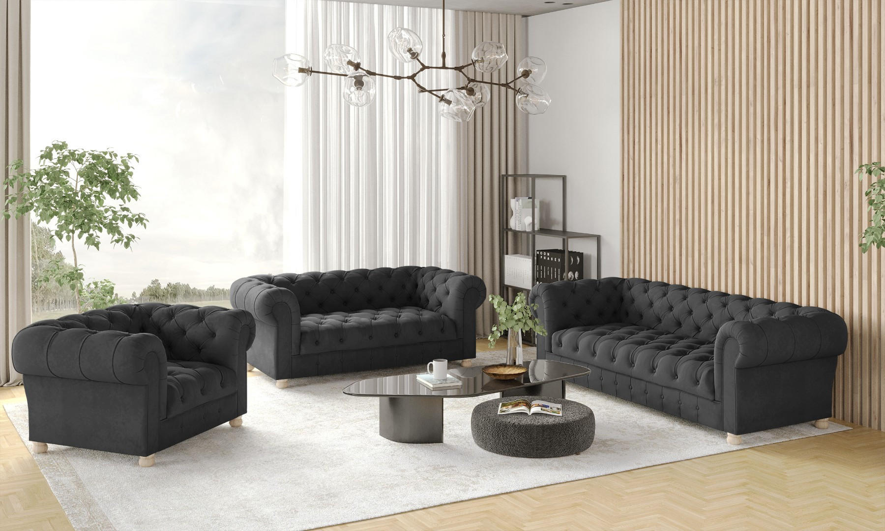 SITZGARNITUR 3+2+1 CHESTERFIELD Elegant Klassisch Schick Stoff Whisper Velours Graphit - Graphitfarben, Holz/Textil (202/77/90cm) - Kaiser Möbel