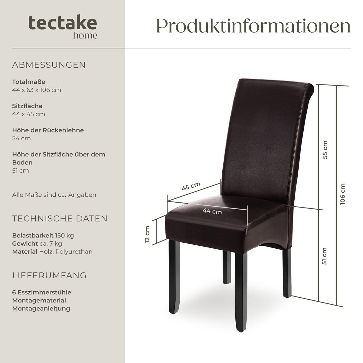 ESSZIMMERSTUHL 6er Set, 44 x 63 x 106 cm braun - Braun, Textil (44/106/45cm) - tectake