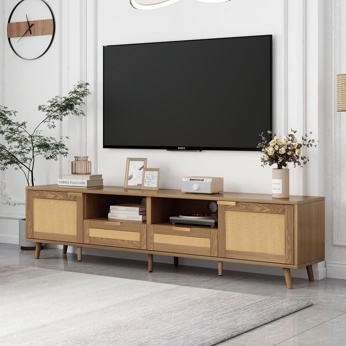LOWBOARD 200/37/49 cm aus Holzwerkstoff mit Rattandesign Eichefarben - Braun, Holzwerkstoff (200/49/37cm) - Modenvie