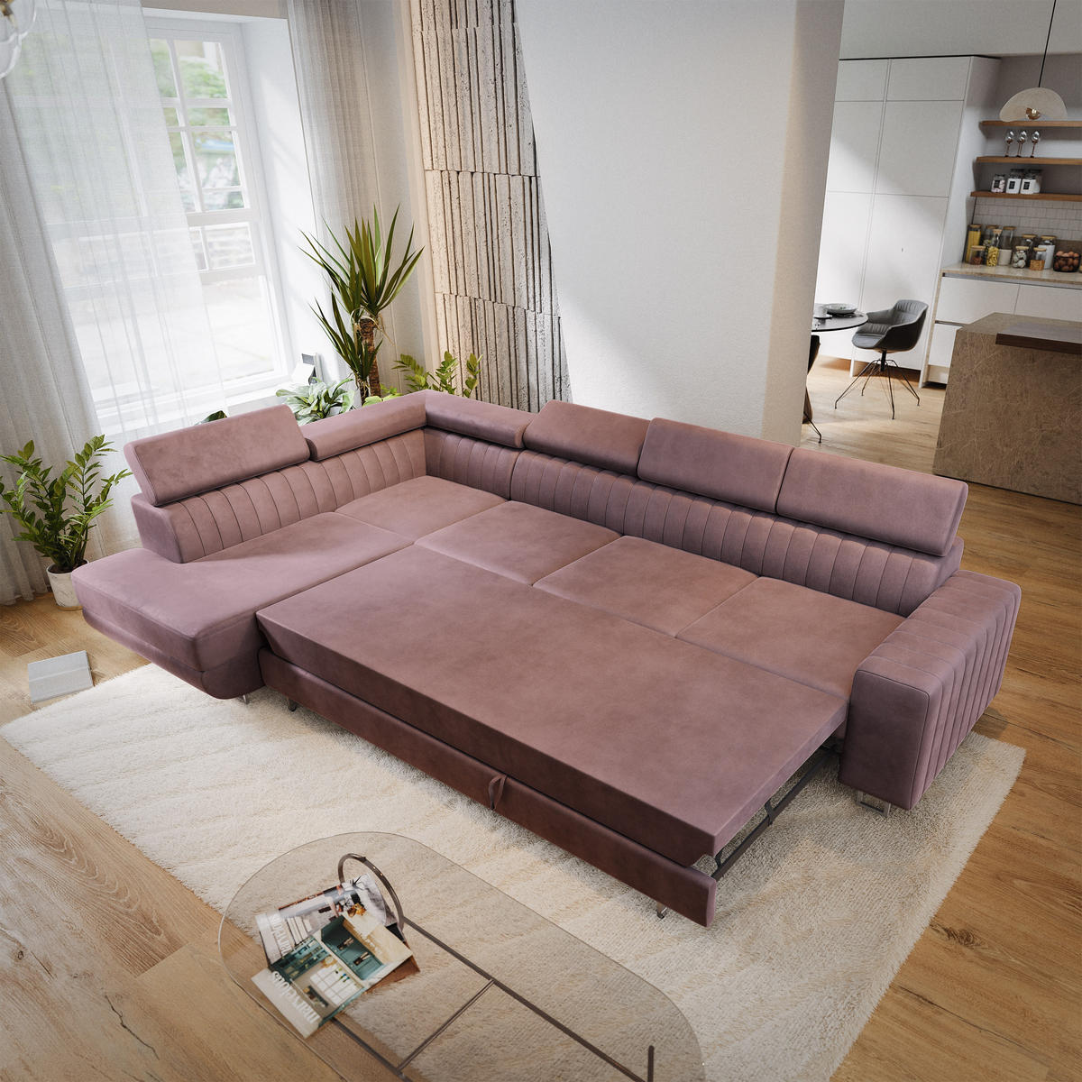 ECKSOFA HESTION Lila Velours-Stoff mit Schlaffunktion - Lila, Holz (332/190cm) - MASSENO