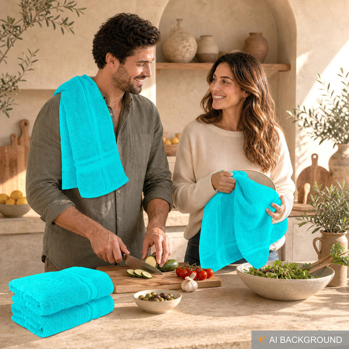 FROTTEE Küchenhandtücher 50x50 cm, 4er Set, Türkis - Türkis, Textil (50/50cm) - Lashuma
