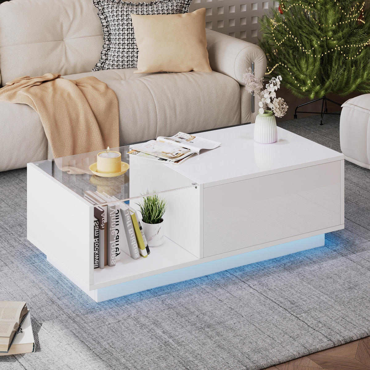 COUCHTISCH weiß mit anhebbarer Hochglanz-Tischplatte, gehärtetem Glas und intelligenter RGB-LED-Beleuchtung 100 × 50 × 33 cm - Weiß, Holzwerkstoff (50/100/33cm) - Luhomfu