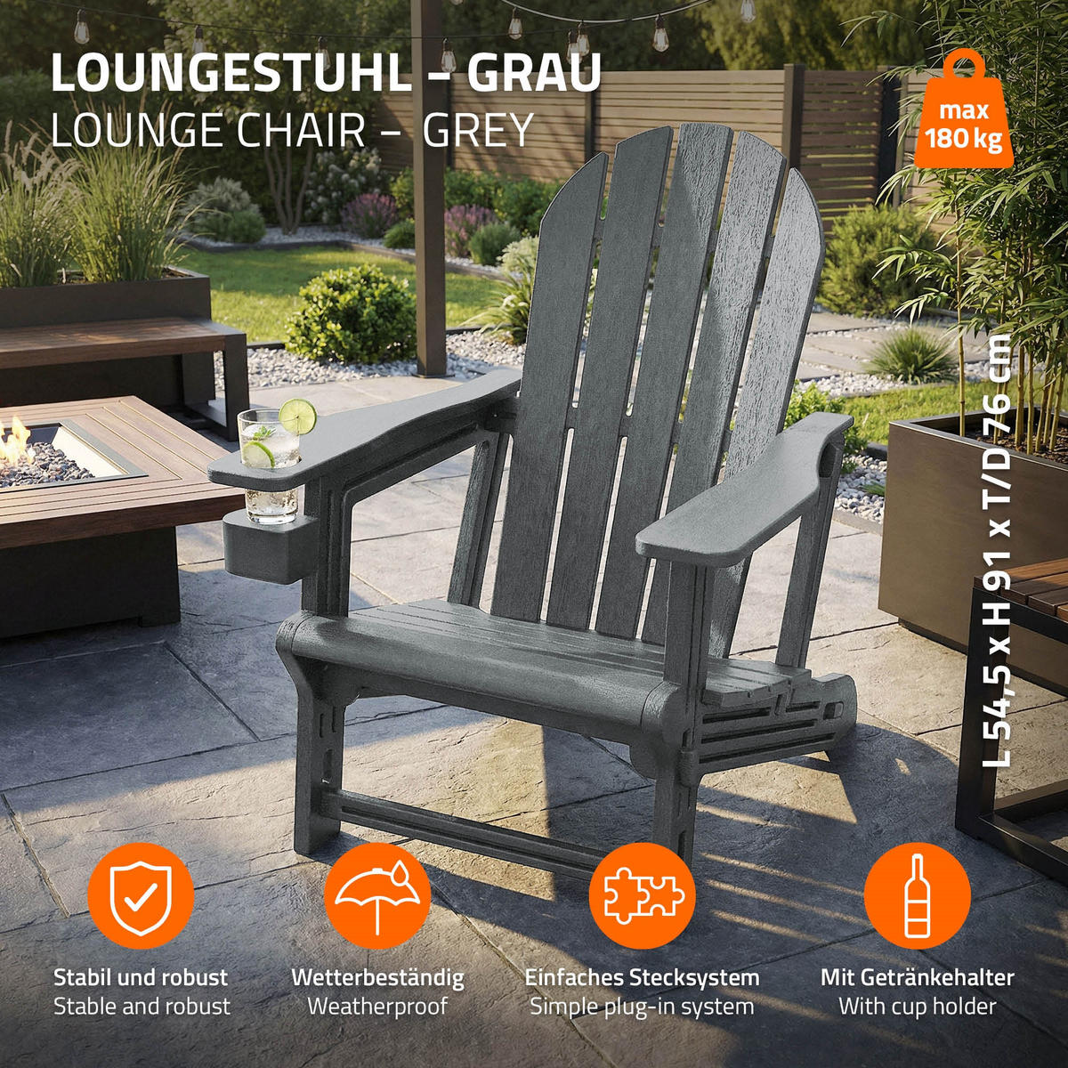ADIRONDACK LEŽÁK s držákem na nápoje, šedý, z plastu - šedá, plast (54.5/91/76cm) - ML-DESIGN