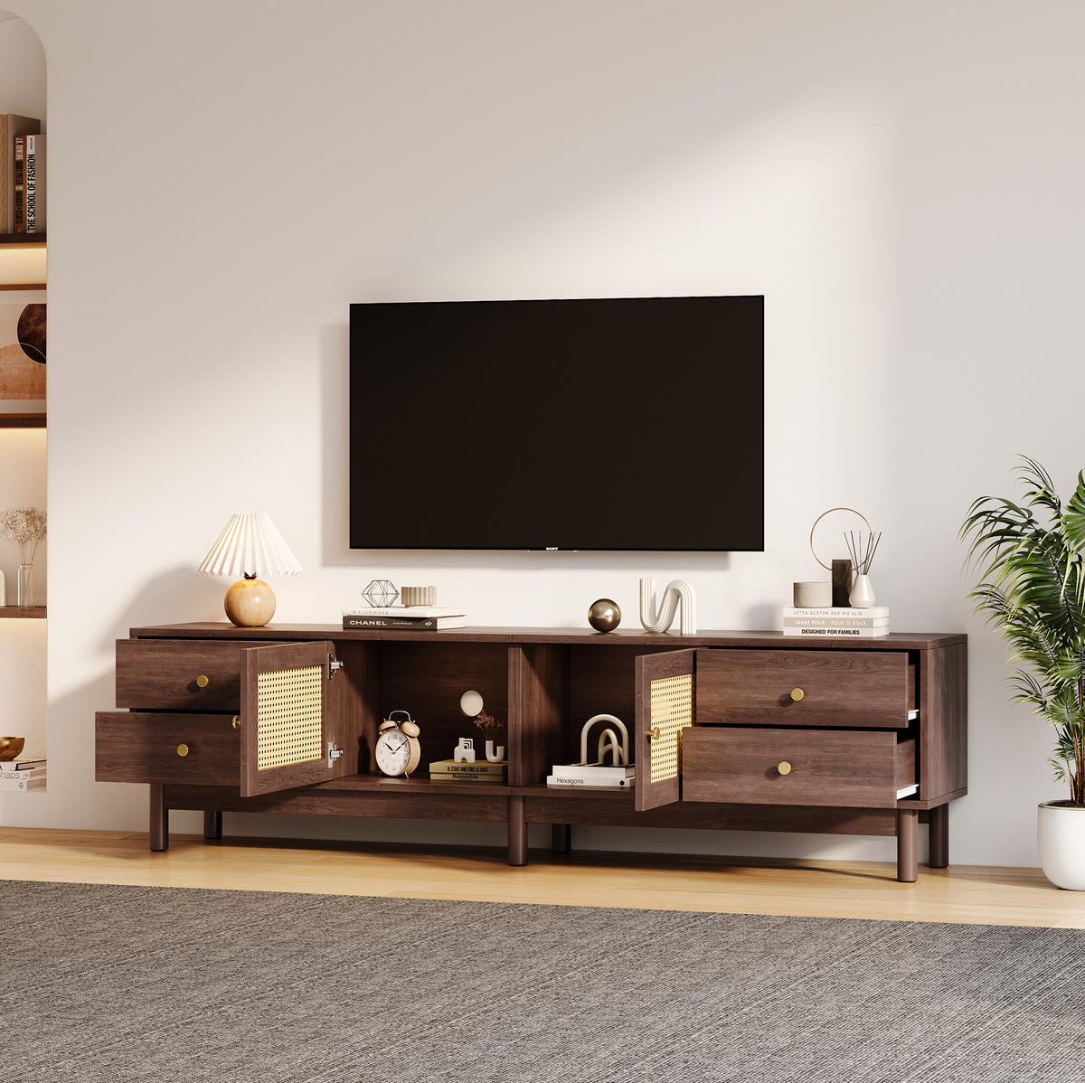 LOWBOARD 180/35/44 cm Braun aus Holzwerkstoff mit Rattantüren und Kabelmanagement - Rotbraun, Holzwerkstoff (35/44/180cm) - OKMYHOME