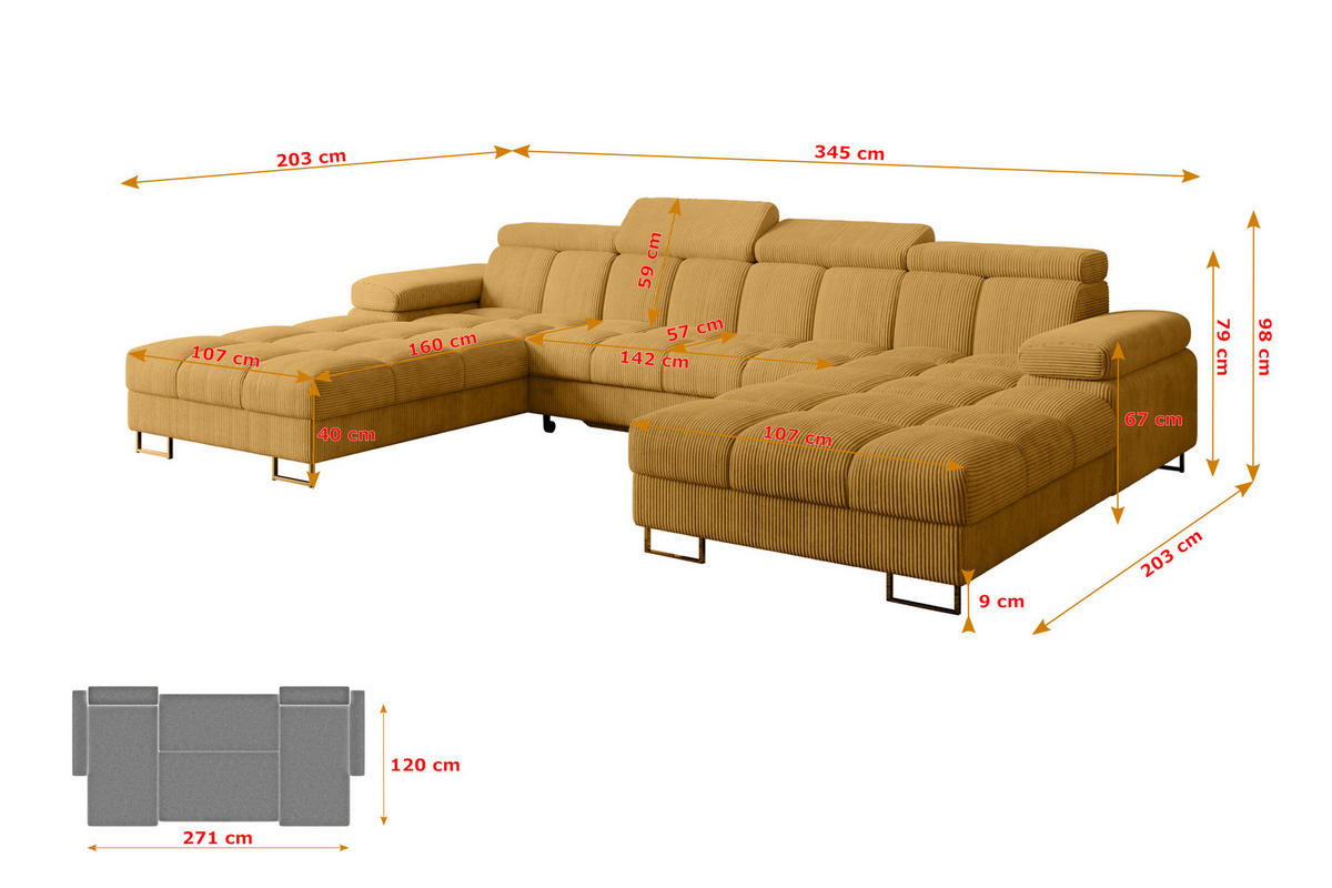 WOHNLANDSCHAFT mit Schlaffunktion und Bettkasten COMA U2 345x203x79 Senfgelb Cord - Honig, Holzwerkstoff/Textil (345/79/203cm) - ALTDECOR