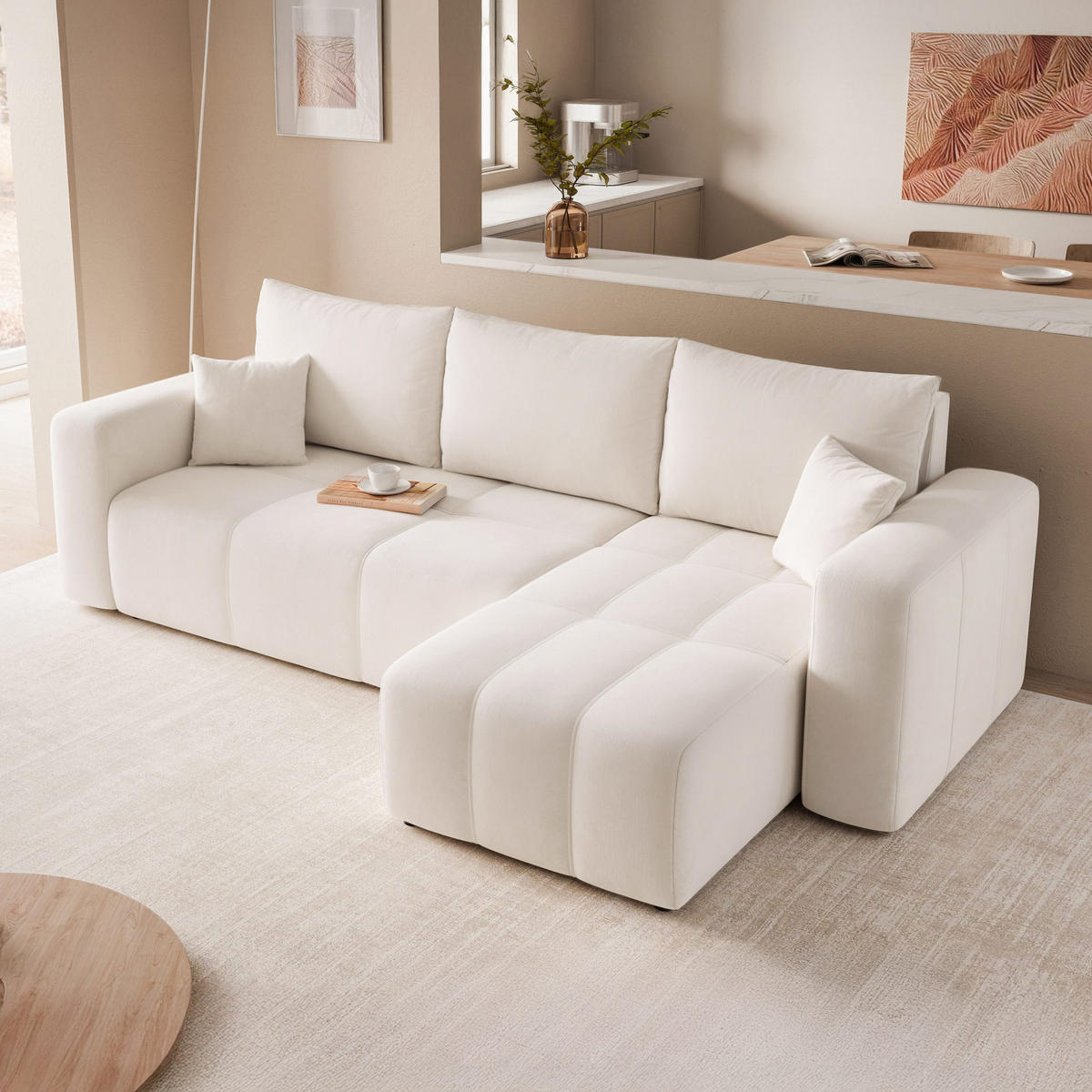 ECKSOFA Creme Velours mit Bettkasten und Schlaffunktion - Creme, Textil (248/145cm) - Idohome