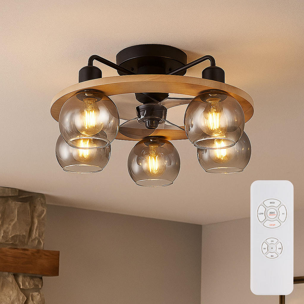 Thumbnail - Globo Lighting Deckenleuchte, Grau, Holz, Rund, 55x21.5x55 cm, Lampen & Leuchten, Innenbeleuchtung, Deckenleuchten