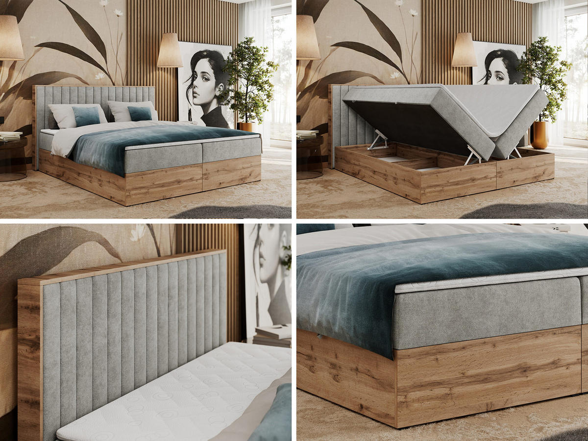 BOXBETT ALBERO 4 - 160/200 Hellgrau Struktur - H4 - Hellgrau, Holz/Textil (160/200cm) - MKS