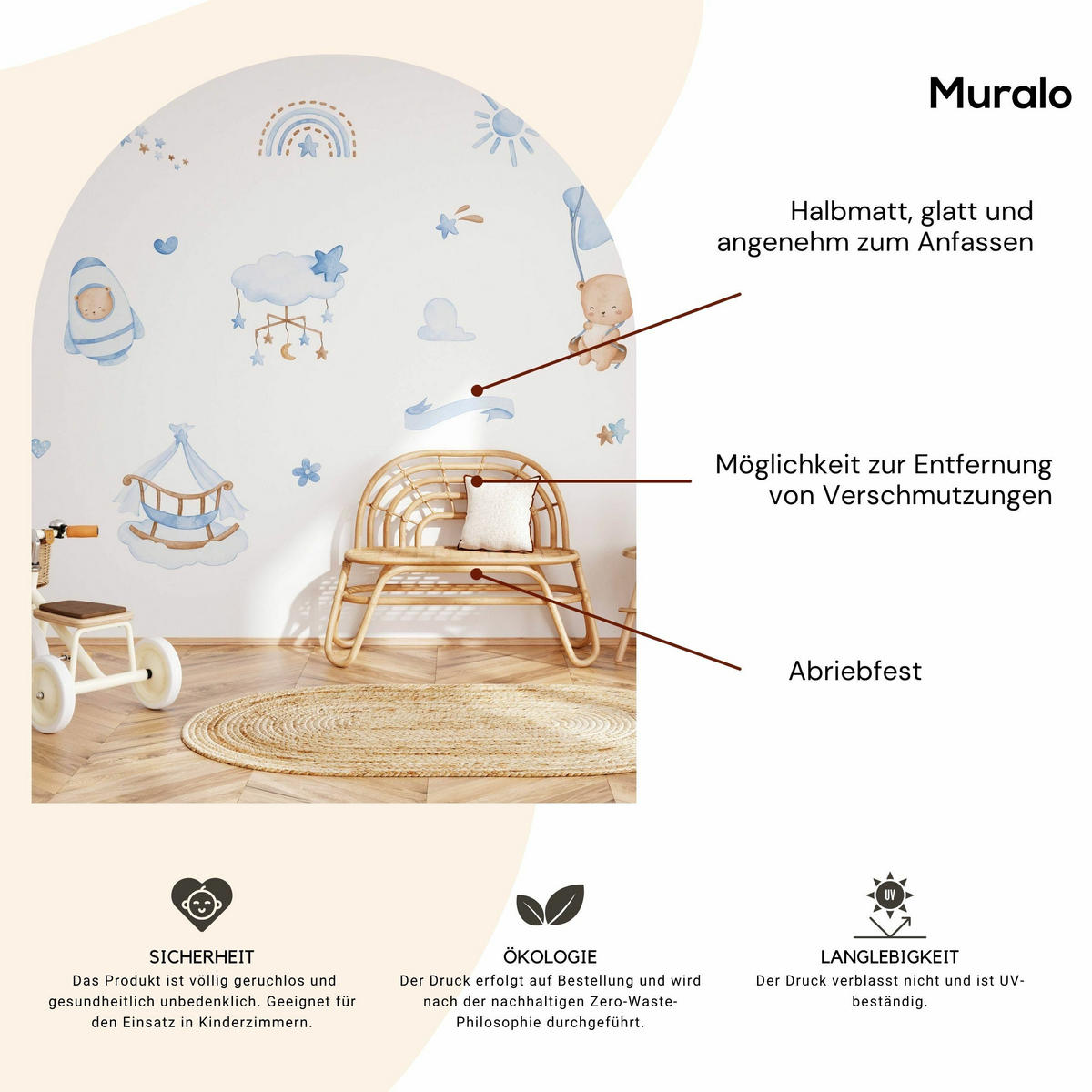 WANDSTICKER Teddybären blaue Wolken Sterne Regenbogen 60x30 - Blau/Beige, Papier (60/30/1cm) - Muralo