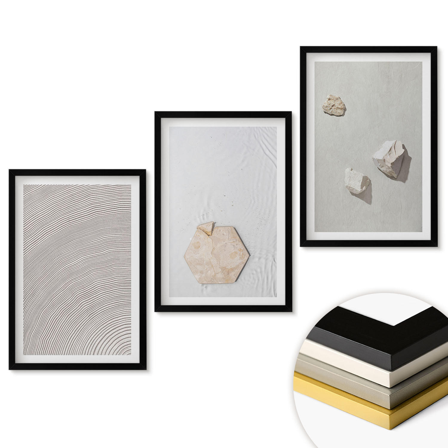 WANDBILDER 3er-Set - 40x60 cm Schwarzer Rahmen - Leichte Boho-Sandtexturen - Schwarz, Kunststoff (40/60cm) - ArtPrintCave