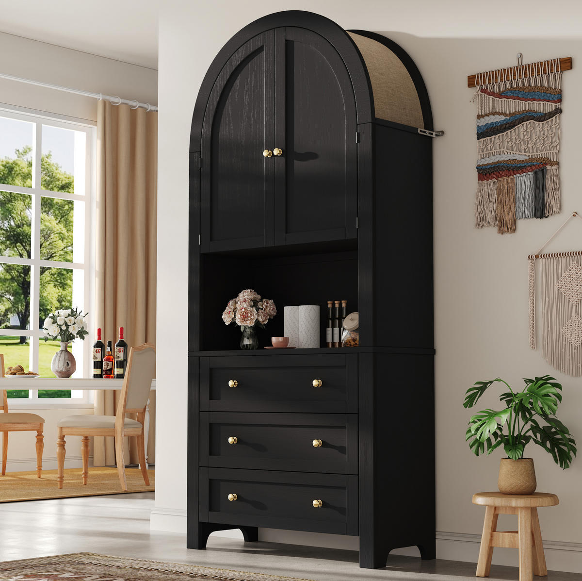 VISOKA komoda 70/35/180 cm z 3 predali, odprtim razstavnim delom in mehkimi vrati iz MDF, Črna - črna, leseni material (70/180/35cm) - Redom