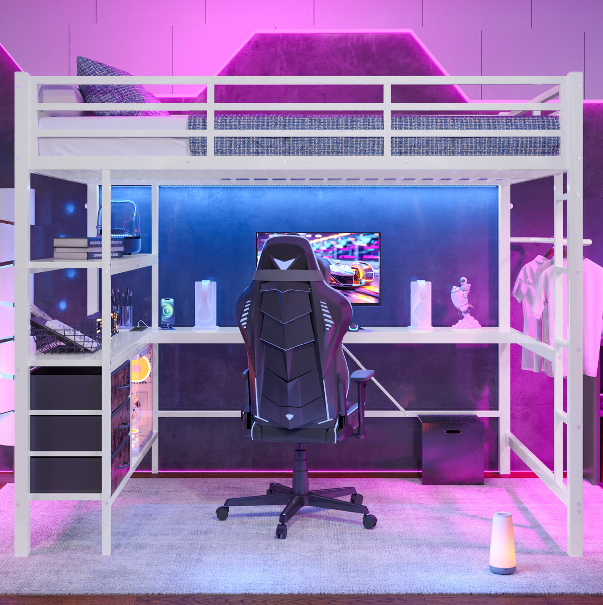 VISOKI krevet 140/200 cm s LED osvjetljenjem, stolom, USB priključkom, 3 ladice i policama, Bijela - bijela, metal (140/200cm) - Redom