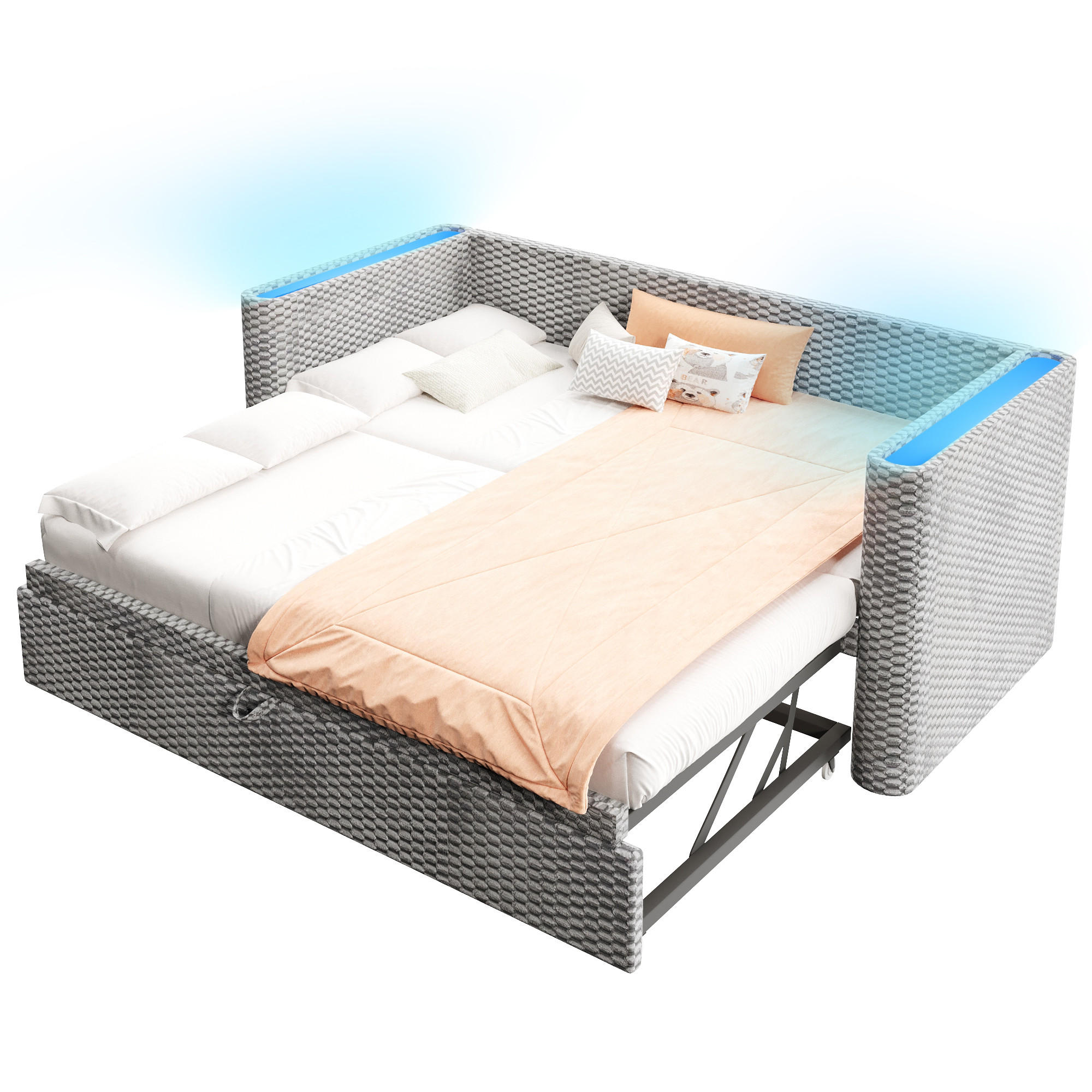 TAGEBETT 90x200cm + 180x200cm Grau Samt LED-Licht Ausziehbett - Grau, Holz (180/200cm) - FLIEKS