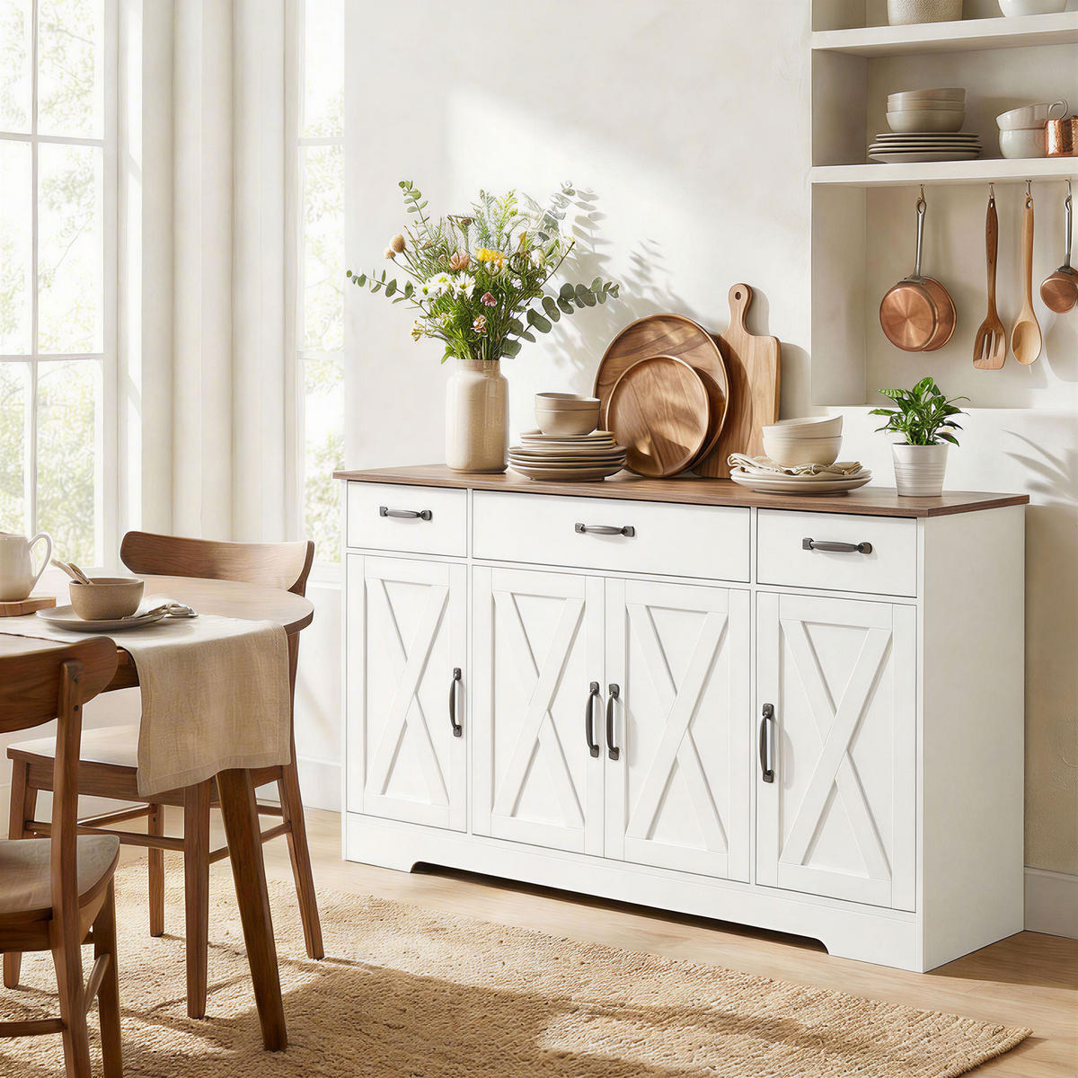 SIDEBOARD DE-11298 Landhausstil, 4 Scheunentüren Weiß - Weiß, Holzwerkstoff (140/81/40cm) - ComfortXL