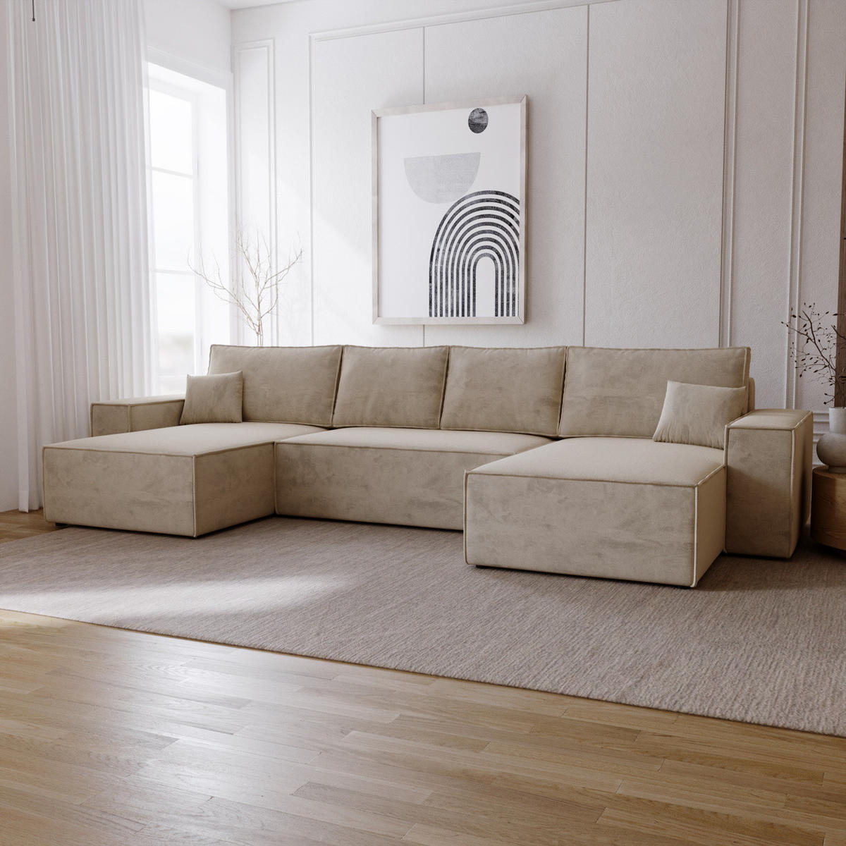 ECKSOFA 380 cm Bergamo U mit Bettkasten, Samt, Beige - Beige, Holz (377/189cm) - Emporius