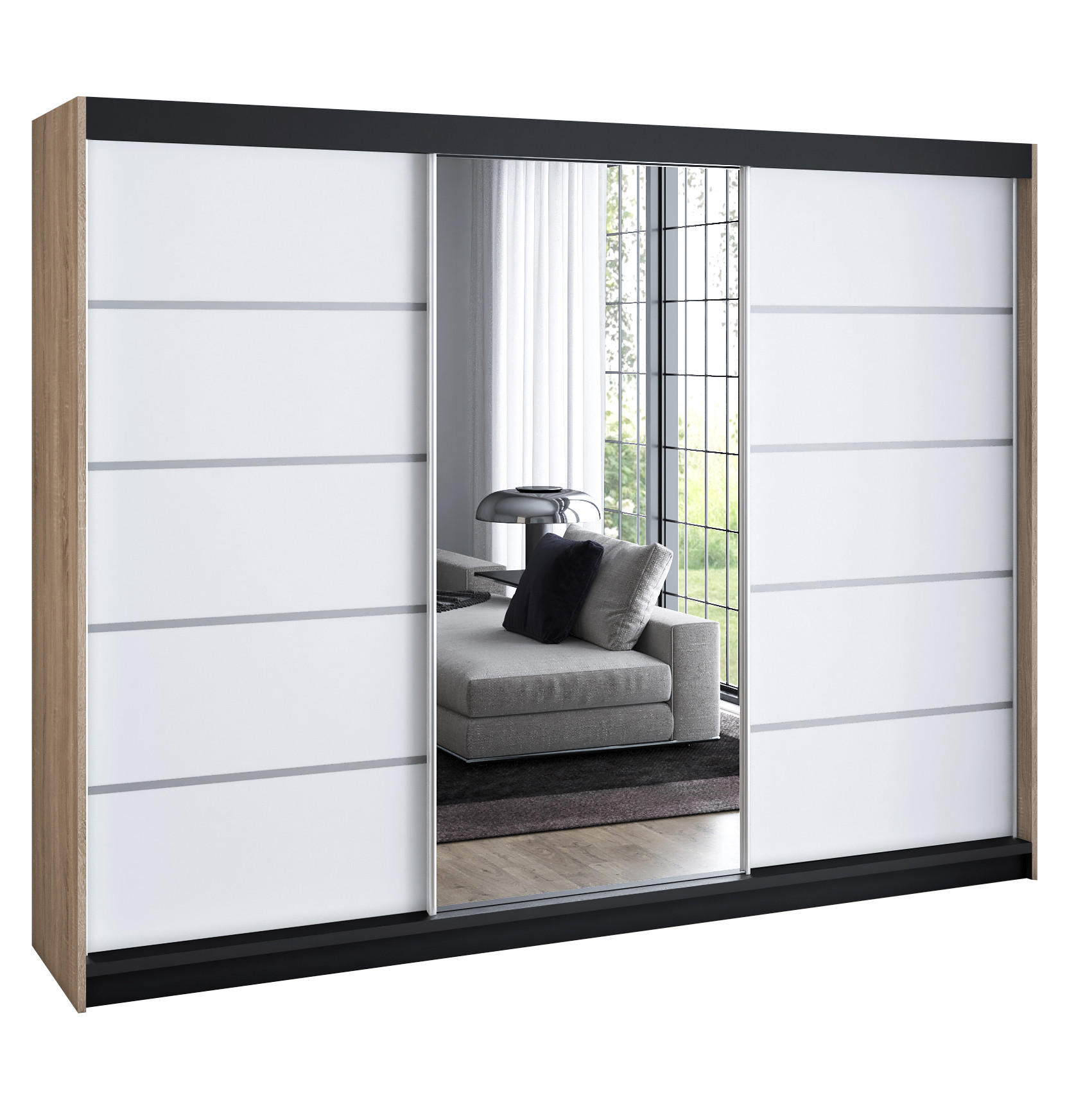 A&J MöbelLand Schwebetürenschrank Braun, Weiß, Weiß 200x215x59.5 cm