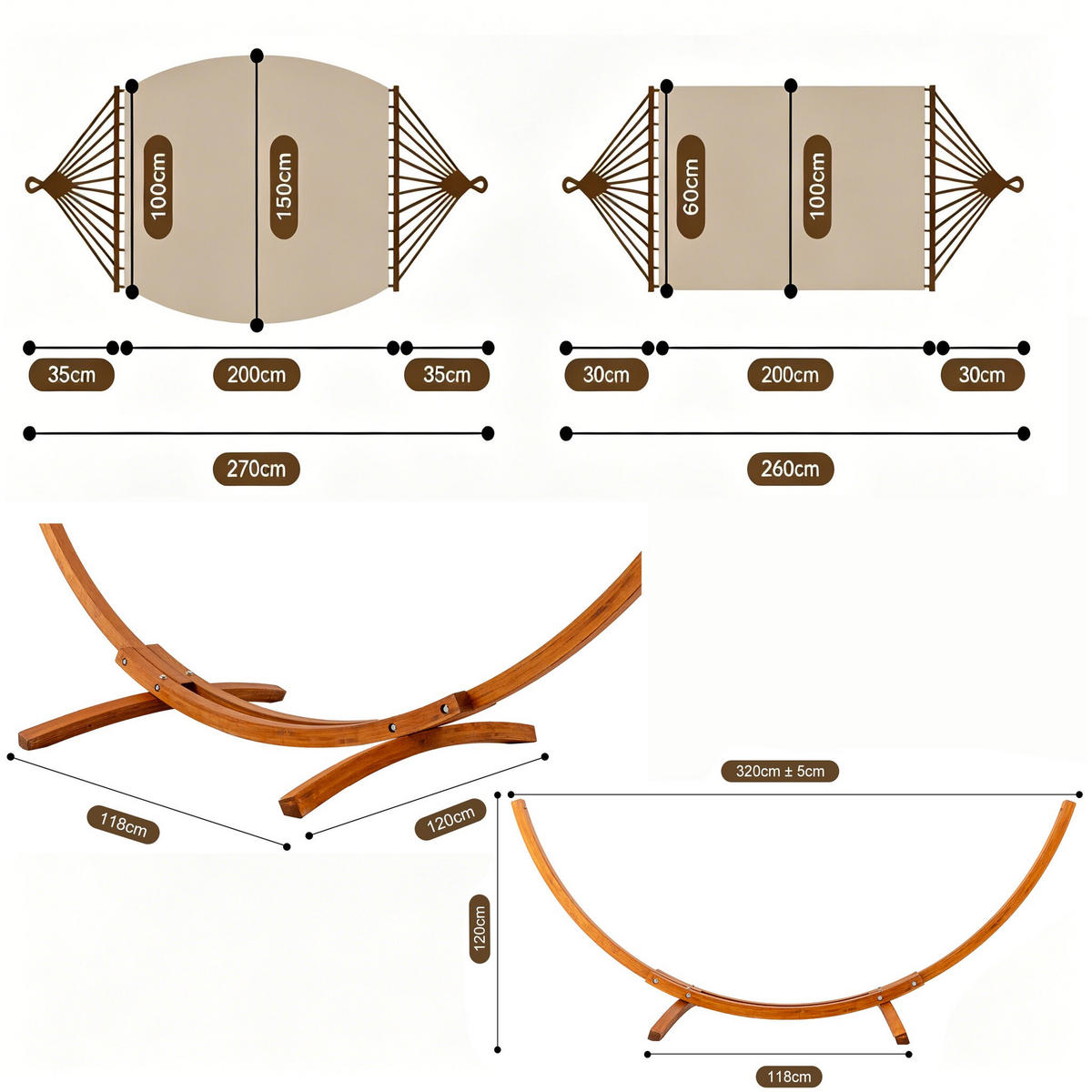 DOPPELHÄNGEMATTE mit Gestell – 200 × 150 cm - Beige, Holz (120/120/118cm) - Coonoor