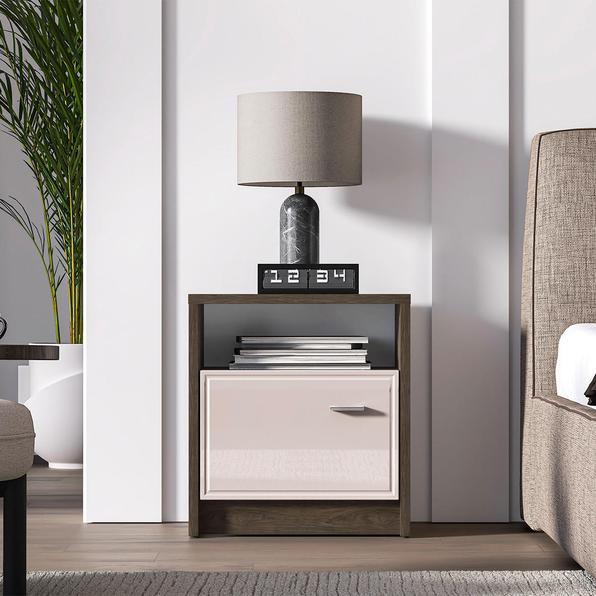 NOČNÍ STOLEK Kaius Kašmír a tmavé dřevo - béžová, kompozitní dřevo (50/54.8/35cm) - Petits-meubles