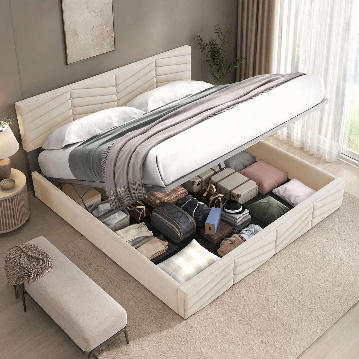 POLSTERBETT 140/190 mit verstellbarem Kopfteil und Lattenrost in Beige - Beige, Holzwerkstoff/Textil (140/190cm) - EVRYAE