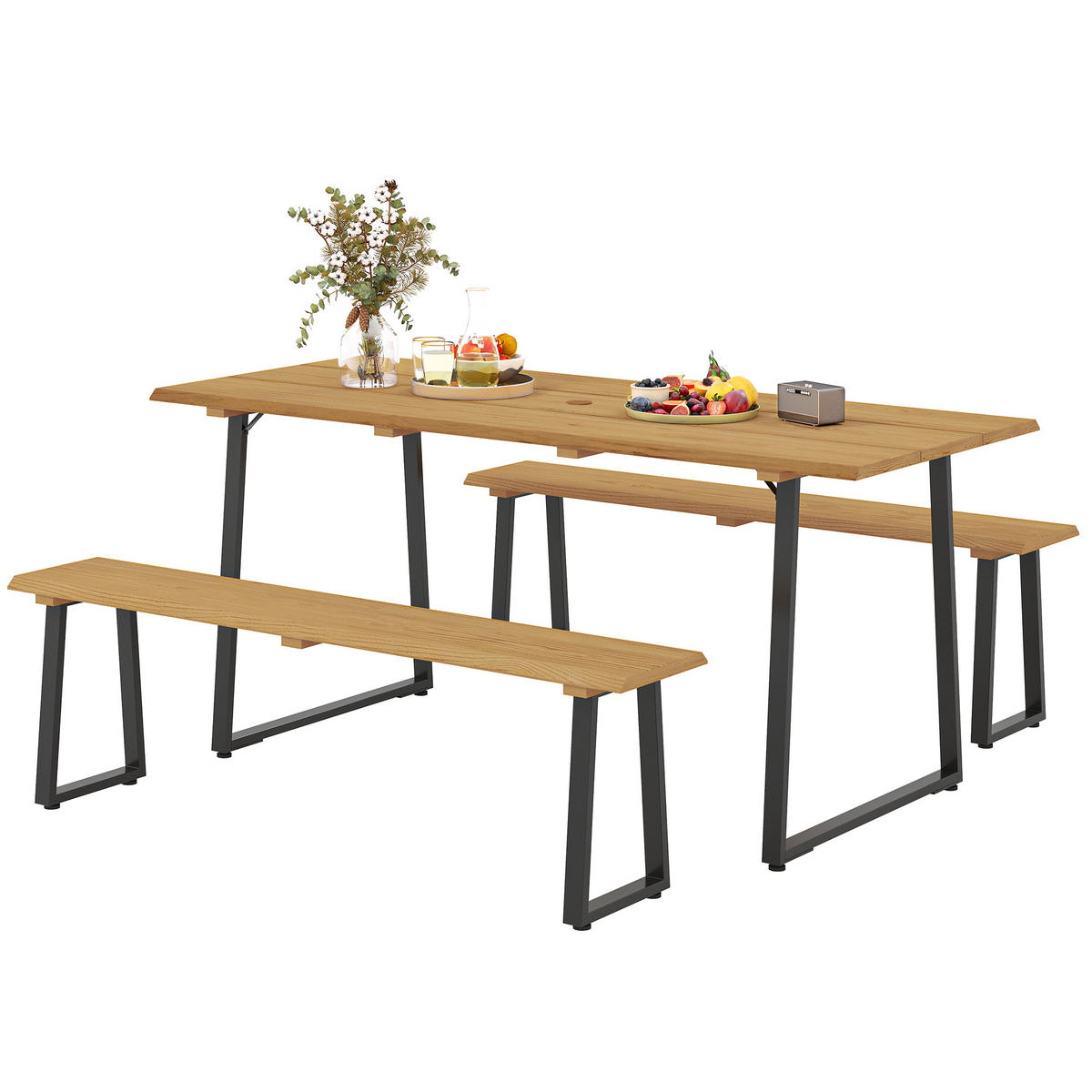 SITZGRUPPE 3-teilig DE-09718 mit Schirmloch, für 6 Personen Naturholz - Naturfarben, Metall - ComfortXL