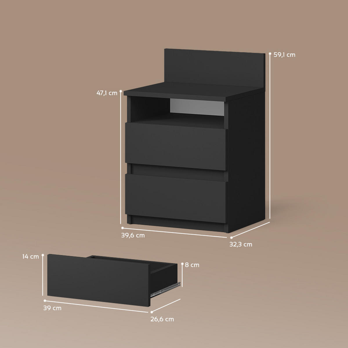 NACHTTISCH Roya, Schwarz, 2er Set - Schwarz, Holzwerkstoff (39.6/59.1/32.3cm) - Livinity®