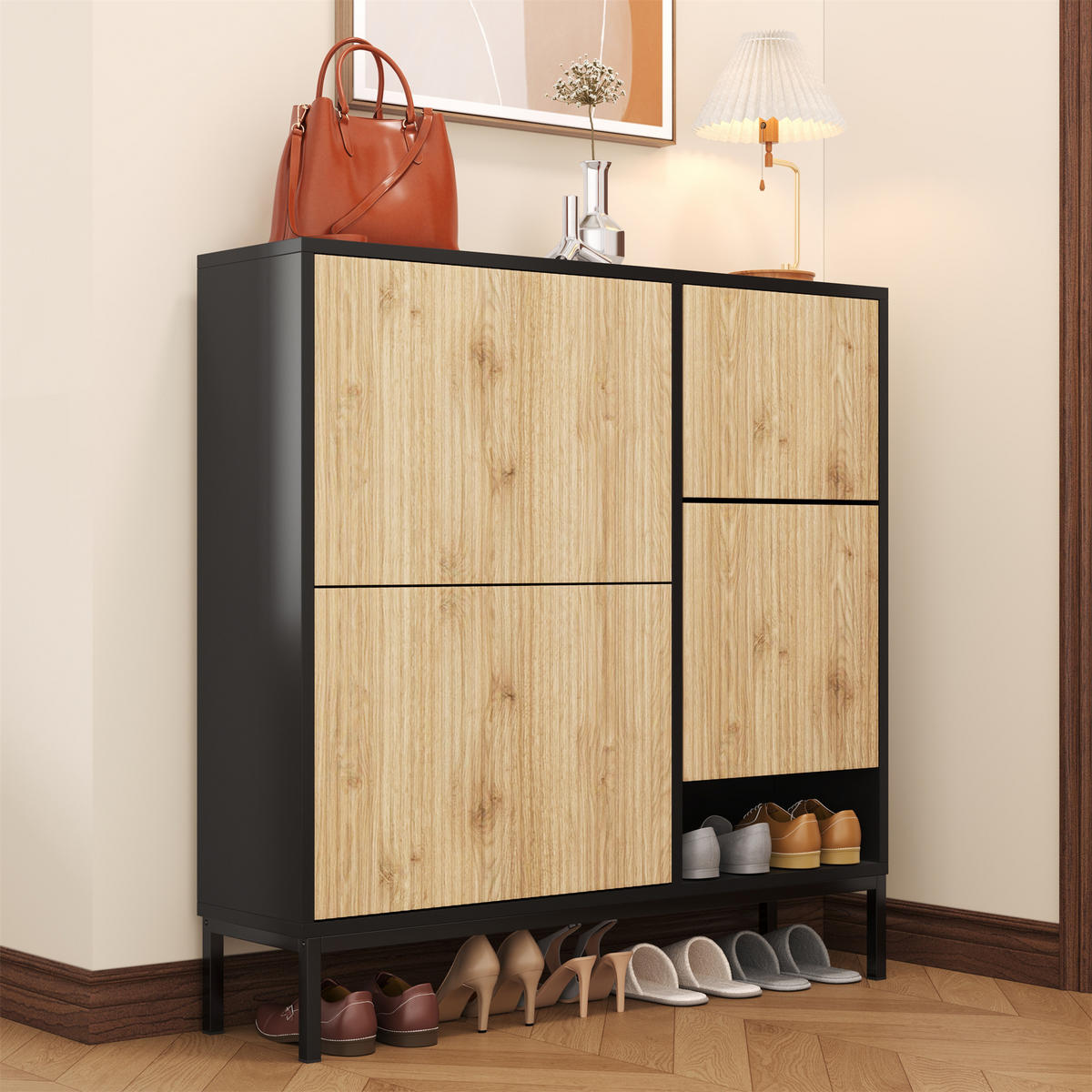 SCHUHSCHRANK mit 2 Schubladen und 2 Türen, strukturierte Paneele mit vergoldeten Akzenten, 100/25/100 cm, Schwarz und Holzfarbe - Naturfarben, Holzwerkstoff (100/25/100cm) - Redom