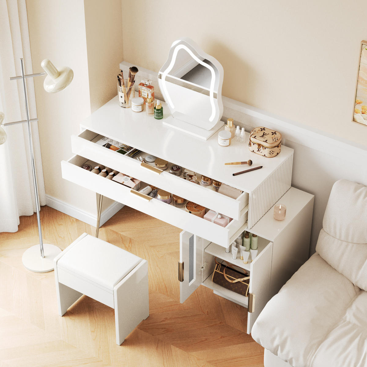 SCHMINKTISCH 100/40/78 cm aus Spanplatte mit LED-Spiegel, 2 Schubladen, ausziehbarem Seitenschrank und Metallbeinen, Weiß - Weiß, Holzwerkstoff (100/78/40cm) - Redom