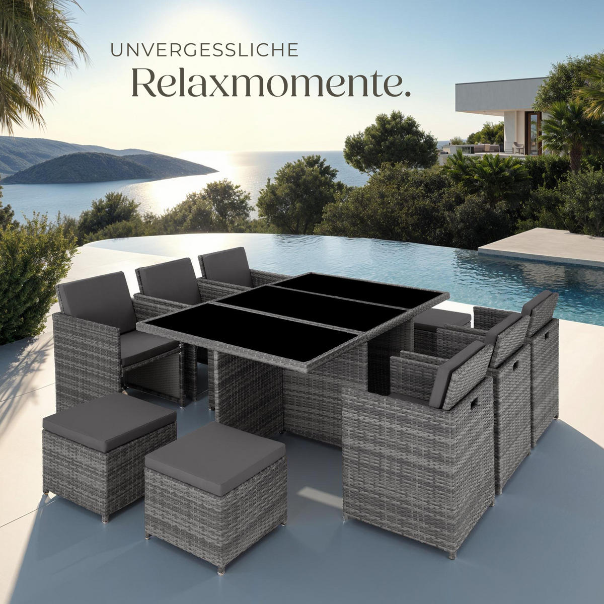 RATTAN SITZGRUPPE New York,2 Bezugssets, zusammenschiebbar, inklusive Schutzhülle,grau - Grau, Kunststoff - tectake
