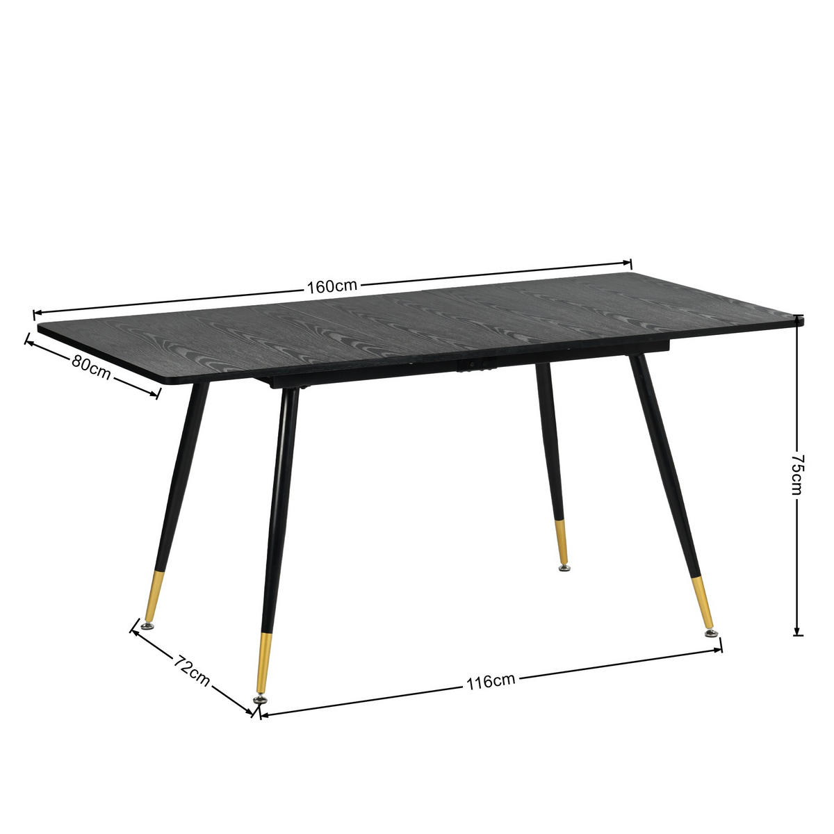 ESSTISCH im Industriestil Schwarzer ausziehbarer 120-160 - Goldfarben/Schwarz, Holz/Metall (80/120/75cm) - Urban Meuble