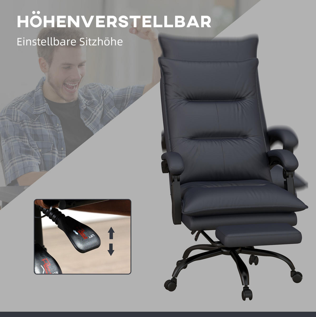 BÜROSTUHL in Dunkelgrau 74x66x121,5 cm mit Massage- und Heizfunktion, verstellbarer Rückenlehne und Fußstütze - Dunkelgrau, Textil (66/121.5/74cm) - IVMEU