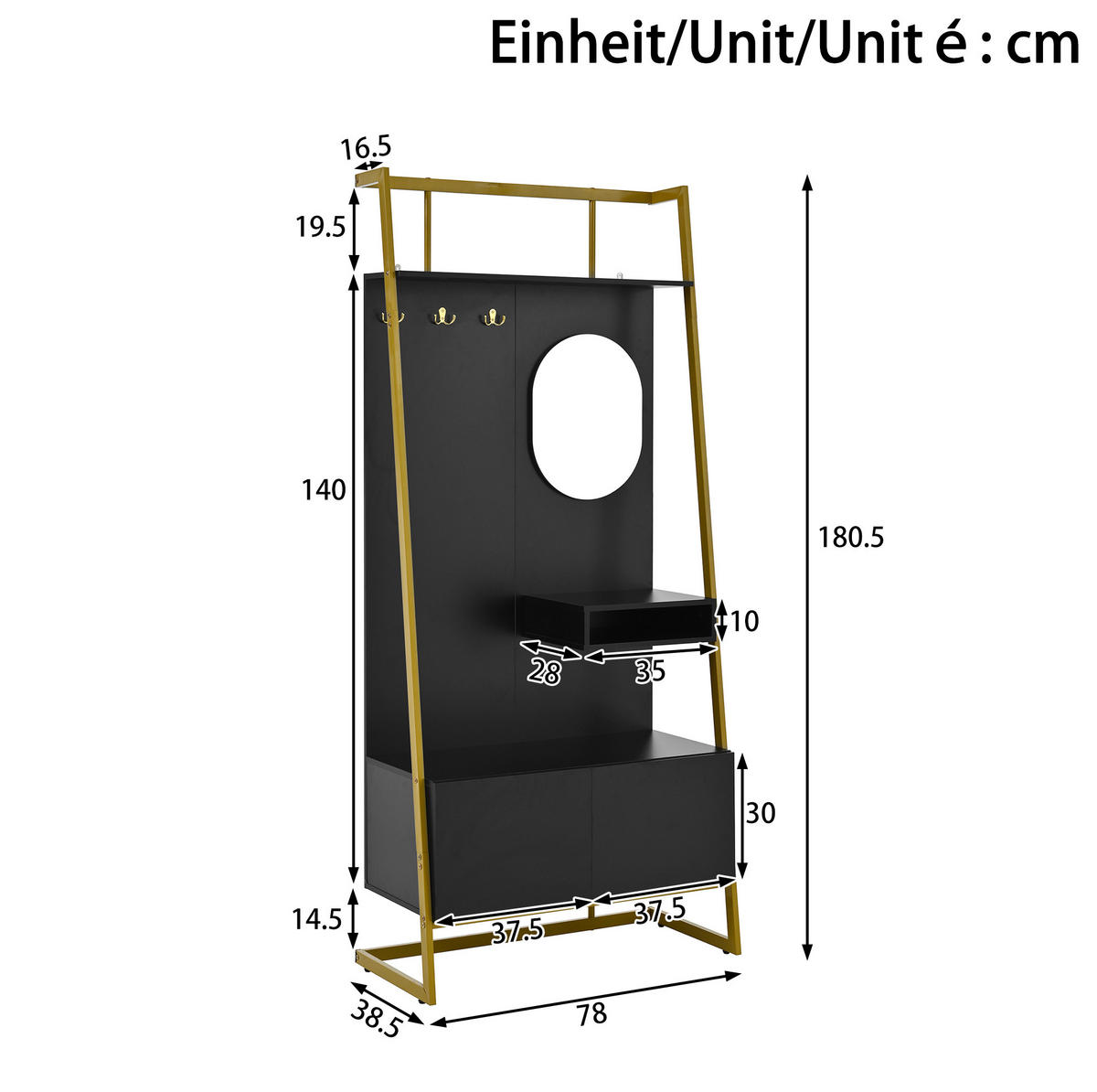 GARDEROBE mit Spiegel und Schuhbank 78 x 38,5 x 180,5 cm Schwarz - Schwarz, Holzwerkstoff (38.5/180.5/78cm) - Beauniv